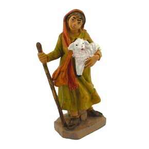 Nativity Villager shepherd carrying a white lamb and using a walking staff 4.1 x 2.25 1.35" | Christmas Heirloom | Made In Italy | Home Decoration for Christmas