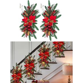 Christmas Wreaths for Front Door Windows Outside Decorations,18" Winter Artificial Christmas Wreath with Red Bow Poinsettia Home Wall 2024 Xmas Decor