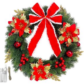 Christmas Wreaths for Front Door Windows Outside Decorations,18" Winter Artificial Christmas Wreath with Red Bow Poinsettia Home Wall 2024 Xmas Decor