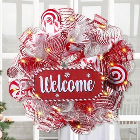 Christmas Welcome Wreath for Front Door with Light, Artificial Mesh Decor Wreath, Outdoor Indoor Winter Holiday Wreath Christmas Decoration for Door Fireplaces Wall Home Decor