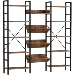 IRONCK Bookcases and Bookshelves Triple Wide 5 Tiers Industrial Bookshelf, Large Etagere Bookshelf Open Record Player Shelves with Metal Frame for Living Room Home Office