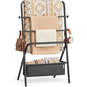 VASAGLE Freestanding Towel Rack, Foldable Blanket Holder, Towel Holder with 4 Hooks, Fabric Basket, 39 Inches High, for Bedroom, Living Room, Bathroom, Ink Black and Slate Gray ULLS020B01