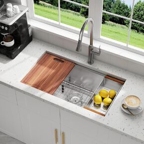 27 Inch Undermount Workstation Kitchen Sink 16 Gauge Stainless Steel Single Bowl Handmade Sinks with Accessories and Ledge 27" x 18" x 9"