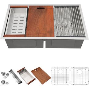 Lordear 33 Inch Undermount Kitchen Sink Double Bowl Stainless Steel Kitchen Sinks 50/50 Low Divided 16 Gauge Undermount Kitchen Sink 33x19 Inch Handmade
