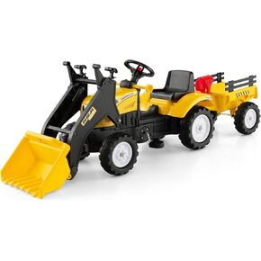 Olakids Kids Ride on Excavator, Pedal Digger Car Bulldozer with Manual Control Bucket, Detachable Cargo Trailer, Shovel, Rake, 6 Wheels, Horn, Construction Tractor for Toddlers 3+
