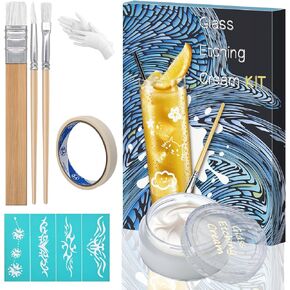 Etching Cream Kit for Glass, Etching Paste for Kit, DIY Art Craft Supplies Create Permanently Stunning, Bundled with 3 Application Brushes, 1 Paper Tape, 1 Nitrile Gloves, 1 Silk Screen Label