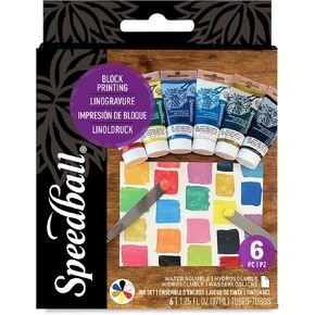 Speedball 3470 Water-Soluble Block Printing Ink Starter Set – 6 Bold Colors with Satiny Finish - 1.25 FL OZ Tubes, Multicolor