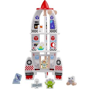 Wooden Rocket and Spaceship,Outer Space Themed Playset with Moving Crane for Kids, 8 Pcs Spaceship Toy Set with Astronauts,Interest Gift for Boys and Girls, L: 11.4, W: 11.4, H: 23.6 inch