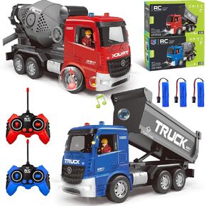 Remote Control Excavator and Dump Truck Toy Set - RC Construction Vehicles Toy with Barricades, Road Signs, Simulated Rocks, Lights and Sounds, Present for Toddlers 3-12 Year Boys Girls