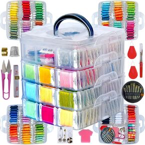 188 Embroidery Floss Set Including Cross Stitch Threads Friendship Bracelet String with 2-Tier Transparent Box, Floss Bobbins and Cross Stitch Kits