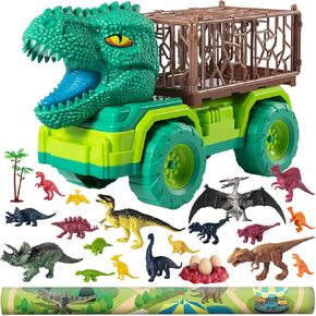 TEMI Dinosaur Truck Toys for Kids 3-5 Years, Tyrannosaurus Transport Car Carrier Truck with 8 Dinosaur Figures, Activity Play Mat, Dinosaur Eggs, Trees, Capture Jurassic Play Set for Boys and Girls