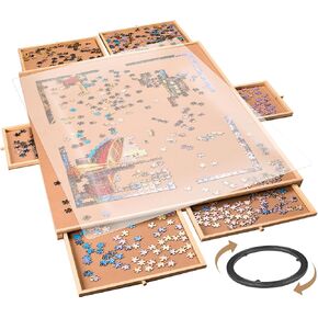 1500 Pieces Rotating Puzzle Board with 6 Storage Drawers & Protective Cover - Wooden Jigsaw Puzzle Table for 1500 Pieces - for Family Games, Home Entertainment & Puzzle Building