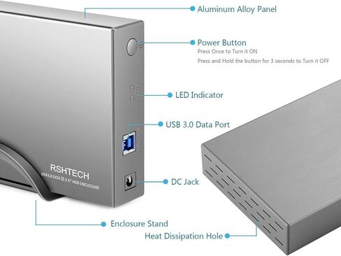 حاوية محرك الأقراص الصلبة RSHTECH نسخة مطورة 3.5 بوصة من الألومنيوم USB C إلى SATA حافظة محرك الأقراص الصلبة الخارجية مقاس 3.5 بوصة HDD وSSD حتى 22 تيرابايت، مع كابل USB 2 في 1، تدعم UASP in Kuwait