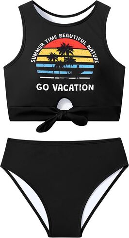 Girl Swimsuit for Girls 7-14y Two Piece Girls' Swimwear Tropical Tie Front Girls Bathing Suit Padded Tankini Swimsuit in Saudi Arabia