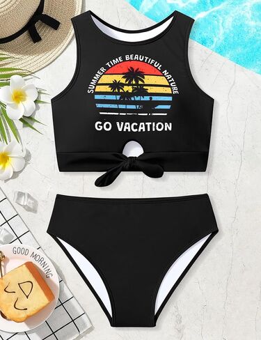 Girl Swimsuit for Girls 7-14y Two Piece Girls' Swimwear Tropical Tie Front Girls Bathing Suit Padded Tankini Swimsuit in Saudi Arabia