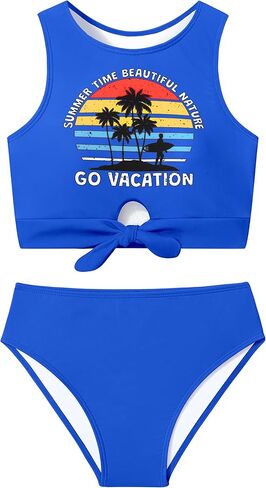 Girl Swimsuit for Girls 7-14y Two Piece Girls' Swimwear Tropical Tie Front Girls Bathing Suit Padded Tankini Swimsuit in Saudi Arabia
