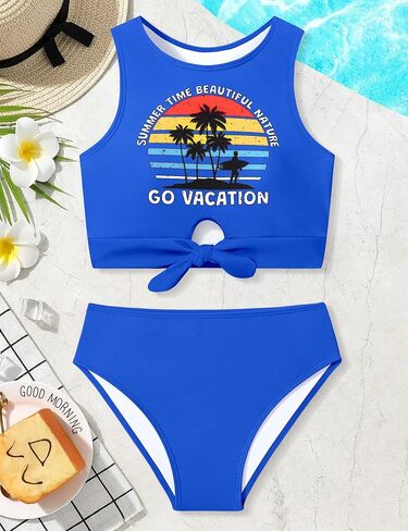 Girl Swimsuit for Girls 7-14y Two Piece Girls' Swimwear Tropical Tie Front Girls Bathing Suit Padded Tankini Swimsuit in Saudi Arabia