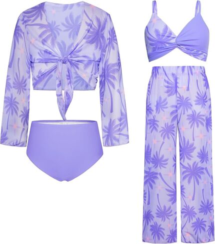 GRACE KARIN Teen Girls Bathing Suits Kids 4 Piece Long Sleeve Swimsuit Kimono Up Pants Bikini Tankini Set Swimwear in Kuwait
