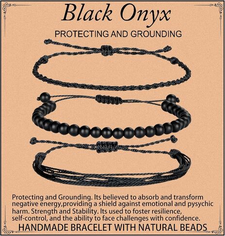Handmade Healing Bracelets, 6mm Matte Black Onyx Bracelet Black Beaded Bracelets for Men Women with 2PCS Size Adjustable Rope Bracelets in Saudi Arabia