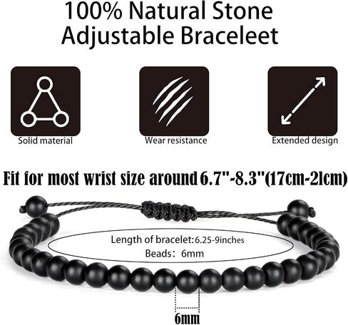 Handmade Healing Bracelets, 6mm Matte Black Onyx Bracelet Black Beaded Bracelets for Men Women with 2PCS Size Adjustable Rope Bracelets in Saudi Arabia