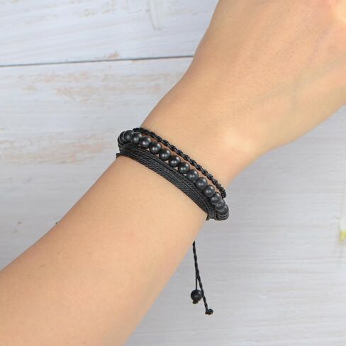 Handmade Healing Bracelets, 6mm Matte Black Onyx Bracelet Black Beaded Bracelets for Men Women with 2PCS Size Adjustable Rope Bracelets in Saudi Arabia