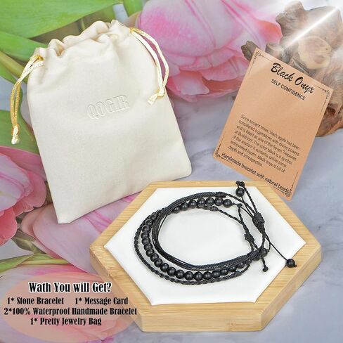 Handmade Healing Bracelets, 6mm Matte Black Onyx Bracelet Black Beaded Bracelets for Men Women with 2PCS Size Adjustable Rope Bracelets in Saudi Arabia