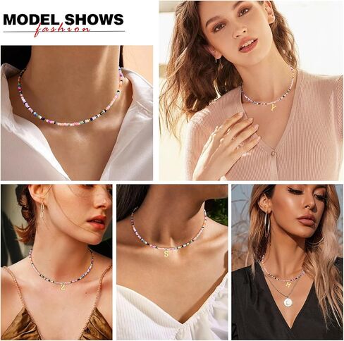 Cute Handmade Colorful Initial Necklace - Trendy Beaded Choker Necklace for Women Teens, Gold Letter Choker Necklace for Women Jewelry Gifts Best Friend (Sweet Color, M) in Saudi Arabia