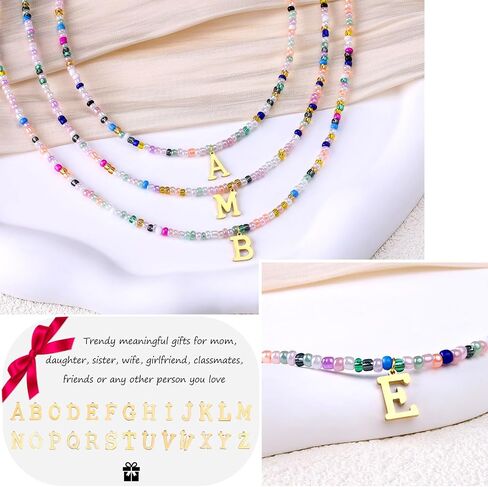 Cute Handmade Colorful Initial Necklace - Trendy Beaded Choker Necklace for Women Teens, Gold Letter Choker Necklace for Women Jewelry Gifts Best Friend (Sweet Color, M) in Saudi Arabia