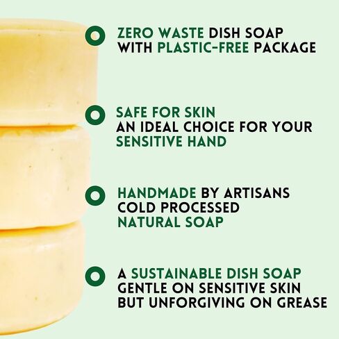 Zero Waste Natural Dish Soap Bar (Pack of 3 Bars) - Solid Vegan Dishwashing Block - Cold Processed, Eco Friendly Plastic Free Packaging with Sustainable Organic Ingredients for Kitchen in Kuwait