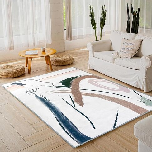 Modern Abstract Washable Area Rugs, 5x7 Cream and Reddish Brown Rug, Low-Pile Rugs for Living Room, Modern Art Non-Slip Soft Bedroom Rug, Indoor Decor for Dining Room Kitchen Office in Saudi Arabia