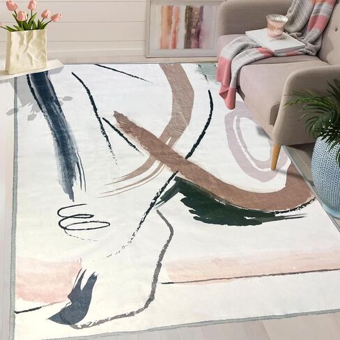Modern Abstract Washable Area Rugs, 5x7 Cream and Reddish Brown Rug, Low-Pile Rugs for Living Room, Modern Art Non-Slip Soft Bedroom Rug, Indoor Decor for Dining Room Kitchen Office in Saudi Arabia