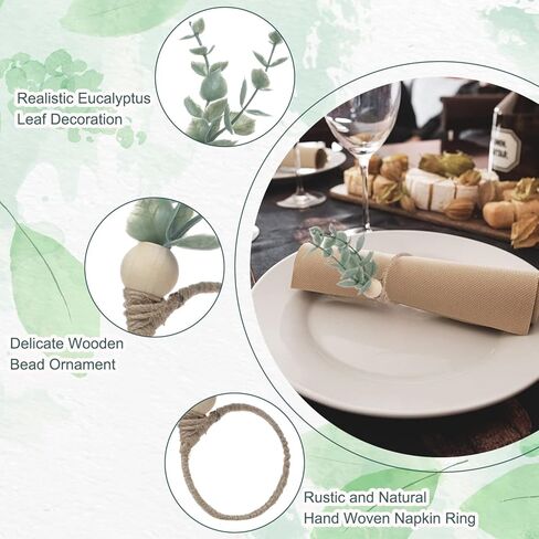 Napkin Rings Set of 6 Rustic Eucalyptus Wooden Napkin Rings Boho Leaf Wood Bead Farmhouse Spring Fall Napkin Ring Holder for Family Dining Banquet Wedding Christmas Easter Holiday Table Decor in Saudi Arabia