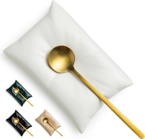 Coffee Spoon Rest, Coffee Spoon Holder and Spoon, Ceramic Mini Spoon Rest for Coffee Station, Creative Pillow Shape Small Spoon Holder Rests for Coffee Bar Decor, White Spoon Rest+Gold Spoon in Saudi Arabia