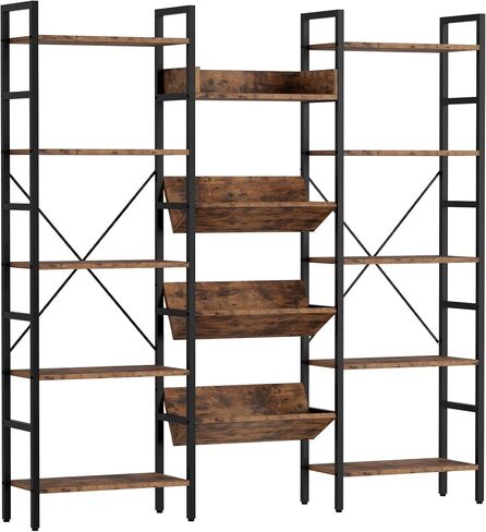 IRONCK Bookcases and Bookshelves Triple Wide 5 Tiers Industrial Bookshelf, Large Etagere Bookshelf Open Record Player Shelves with Metal Frame for Living Room Home Office in Kuwait