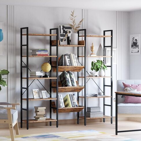 IRONCK Bookcases and Bookshelves Triple Wide 5 Tiers Industrial Bookshelf, Large Etagere Bookshelf Open Record Player Shelves with Metal Frame for Living Room Home Office in Kuwait