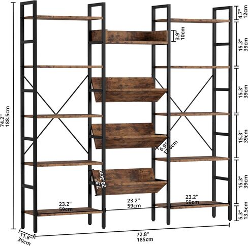 IRONCK Bookcases and Bookshelves Triple Wide 5 Tiers Industrial Bookshelf, Large Etagere Bookshelf Open Record Player Shelves with Metal Frame for Living Room Home Office in Kuwait