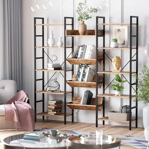 IRONCK Bookcases and Bookshelves Triple Wide 5 Tiers Industrial Bookshelf, Large Etagere Bookshelf Open Record Player Shelves with Metal Frame for Living Room Home Office in Kuwait