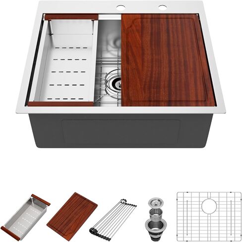 25 Drop In Kitchen Sink - Beslend 25x22 Inch Stainless Steel Kitchen Sinks Ledge Workstation Sink 16 Gauge Top Mount Sink Handmade Single Bowl Kitchen Sink with Accessories in Kuwait