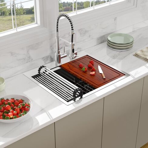 25 Drop In Kitchen Sink - Beslend 25x22 Inch Stainless Steel Kitchen Sinks Ledge Workstation Sink 16 Gauge Top Mount Sink Handmade Single Bowl Kitchen Sink with Accessories in Kuwait