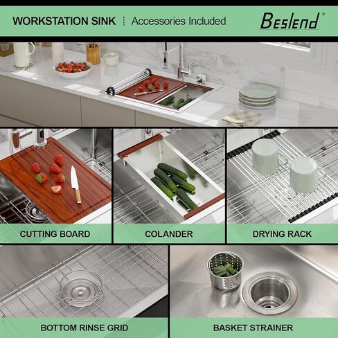 25 Drop In Kitchen Sink - Beslend 25x22 Inch Stainless Steel Kitchen Sinks Ledge Workstation Sink 16 Gauge Top Mount Sink Handmade Single Bowl Kitchen Sink with Accessories in Kuwait