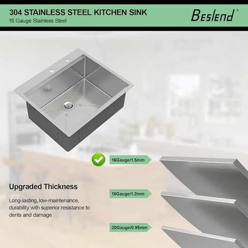 25 Drop In Kitchen Sink - Beslend 25x22 Inch Stainless Steel Kitchen Sinks Ledge Workstation Sink 16 Gauge Top Mount Sink Handmade Single Bowl Kitchen Sink with Accessories in Kuwait