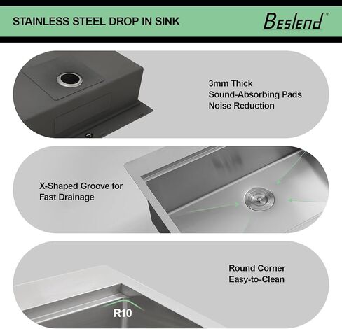 25 Drop In Kitchen Sink - Beslend 25x22 Inch Stainless Steel Kitchen Sinks Ledge Workstation Sink 16 Gauge Top Mount Sink Handmade Single Bowl Kitchen Sink with Accessories in Kuwait
