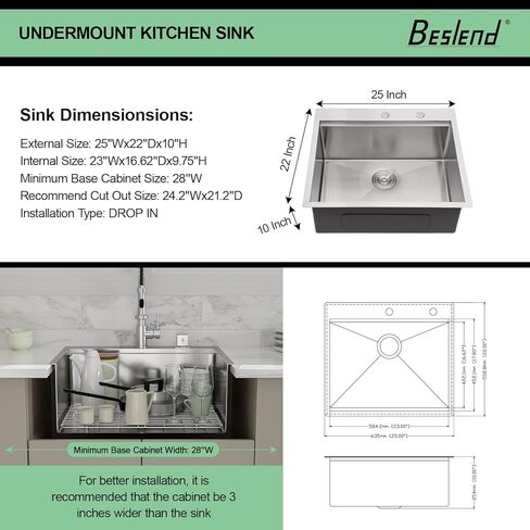 25 Drop In Kitchen Sink - Beslend 25x22 Inch Stainless Steel Kitchen Sinks Ledge Workstation Sink 16 Gauge Top Mount Sink Handmade Single Bowl Kitchen Sink with Accessories in Kuwait
