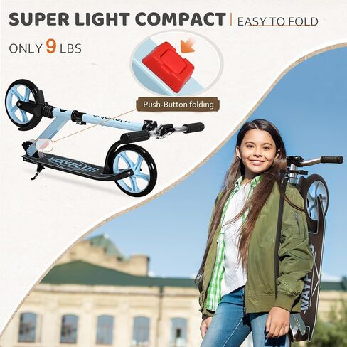 WAYPLUS KS1 Kick Scooter for Kids Ages 6+, Teens & Adults, 8IN Big Wheels, Foldable Scooter with Adjustable Handlebar, Front Suspension, Carry Strap, 240 lb Capacity, ABEC-9 Bearings | FED Fitness in Kuwait