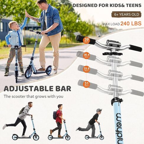 WAYPLUS KS1 Kick Scooter for Kids Ages 6+, Teens & Adults, 8IN Big Wheels, Foldable Scooter with Adjustable Handlebar, Front Suspension, Carry Strap, 240 lb Capacity, ABEC-9 Bearings | FED Fitness in Kuwait