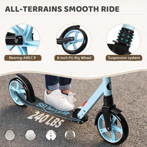 WAYPLUS KS1 Kick Scooter for Kids Ages 6+, Teens & Adults, 8IN Big Wheels, Foldable Scooter with Adjustable Handlebar, Front Suspension, Carry Strap, 240 lb Capacity, ABEC-9 Bearings | FED Fitness in Kuwait