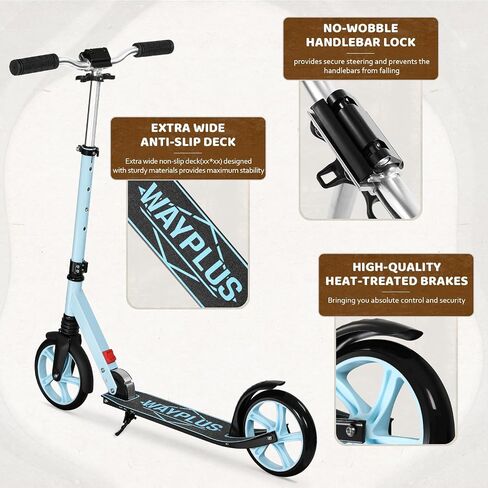 WAYPLUS KS1 Kick Scooter for Kids Ages 6+, Teens & Adults, 8IN Big Wheels, Foldable Scooter with Adjustable Handlebar, Front Suspension, Carry Strap, 240 lb Capacity, ABEC-9 Bearings | FED Fitness in Kuwait