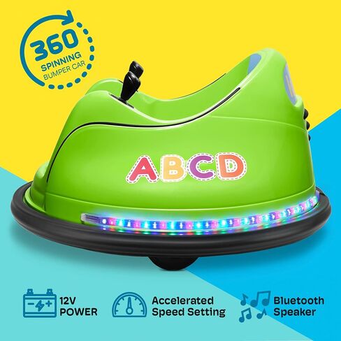 Kidzone 12V 2-Speeds Electric Ride On Bumper Car for Kids & Toddlers 1.5-6 Years Old, DIY Sticker Baby Bumping Toy Gifts W/Remote Control, LED Lights, Bluetooth & 360 Degree Spin, ASTM Certified in Saudi Arabia