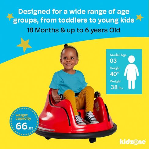 Kidzone 12V 2-Speeds Electric Ride On Bumper Car for Kids & Toddlers 1.5-6 Years Old, DIY Sticker Baby Bumping Toy Gifts W/Remote Control, LED Lights, Bluetooth & 360 Degree Spin, ASTM Certified in Saudi Arabia