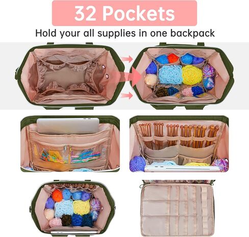 Leudes Knitting Bag Backpack, Yarn Storage Organizer Large Crochet Bag Tote Christmas Gift Yarn Holder Case for Carrying Projects, Knitting Needles (Upgraded Army Green) in Saudi Arabia